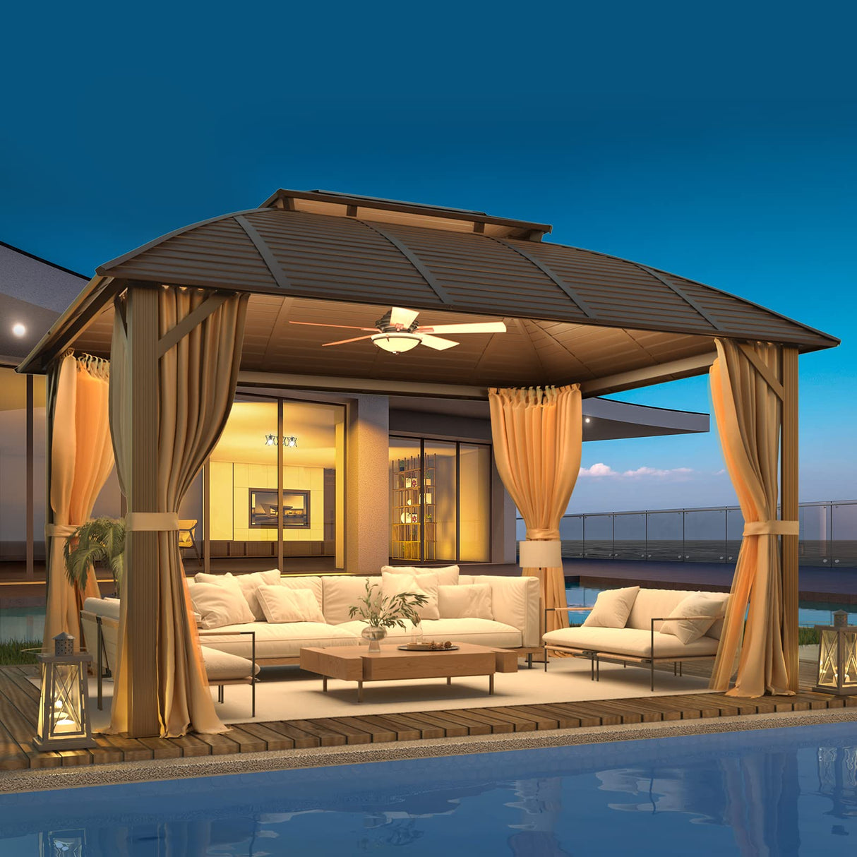 YOLENY 10' x 13' Hardtop Gazebo with Galvanized Steel Roof, Double Arc Roof Gazebo with Aluminum Frame, Outdoor Gazebo with Curtain&Netting, Sunshade for Gardens, Lawns, Deck YOLENY