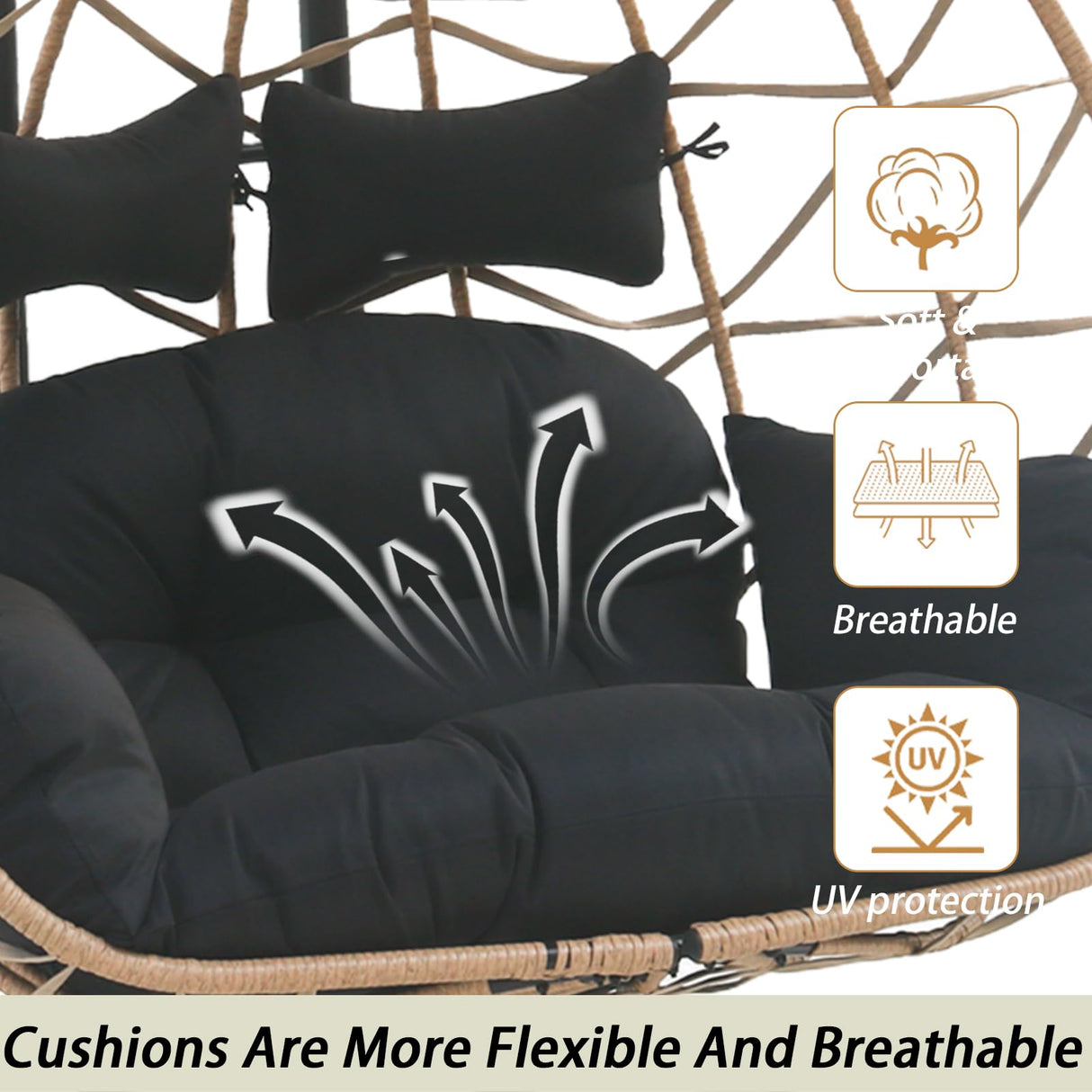 Jadoxy 2 Person Hanging Egg Chair with Canopy, Outdoor Rattan Swing Hammock Basket Chair with Soft Cushion, Wicker Egg Chair for Outdoor Patio, Balcony, Garden (Black) Jadoxy