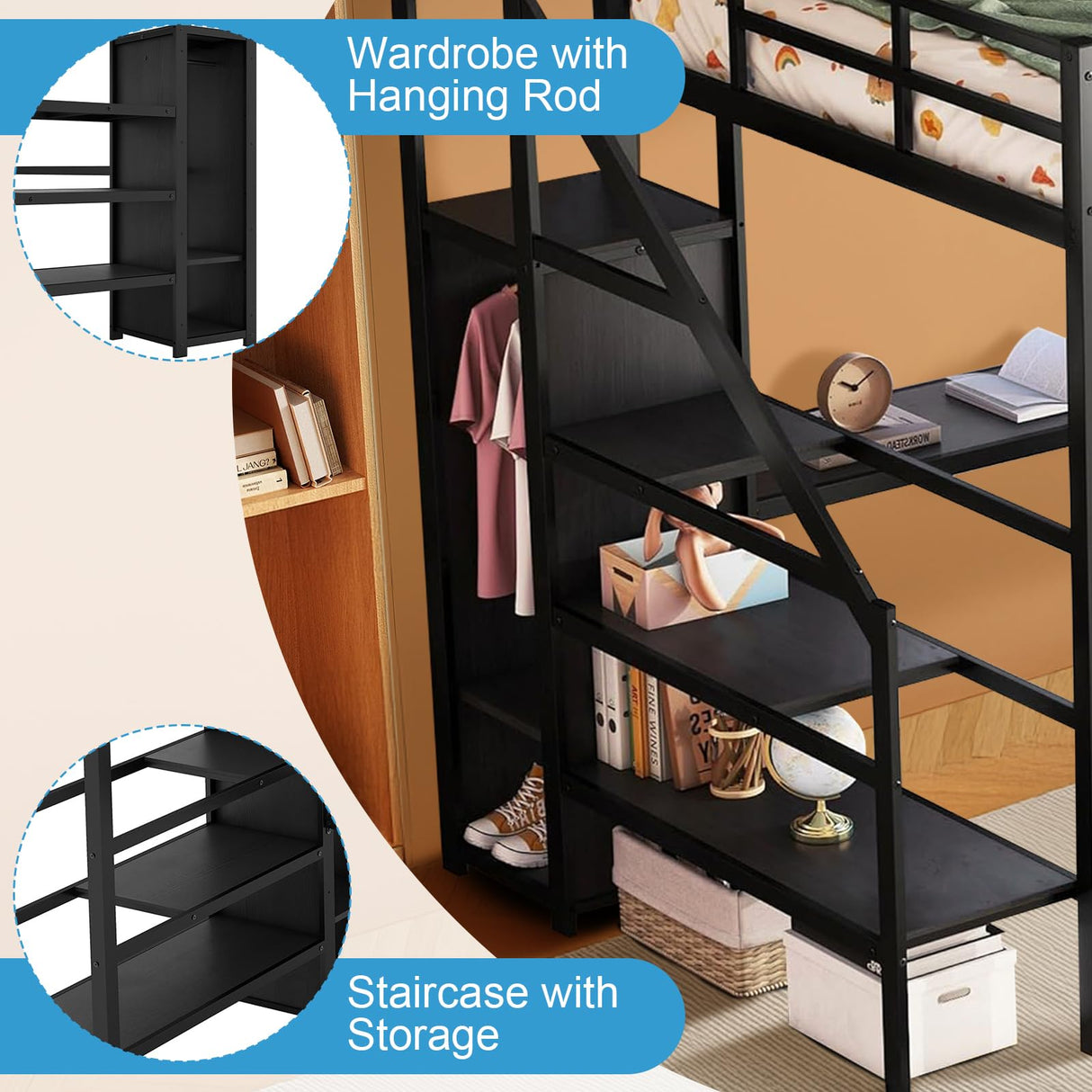Full Size Loft Bed with Desk and Wardrobe, Metal Heavy Duty Loft Bed with Storage Stairs, LED Lights, USB Port, Full Loft Bed Frames for Kids, Junior, Adults, Space Saving, Noise Free (Black, Full) XUWANSHANG
