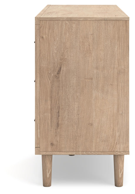 Signature Design by Ashley Cielden Coastal 6-Drawer Dresser, Bronze-Tone Knobs, Safety Stop, Textured Cane Details, 62.01" W x 19.65" D x 35.67" H, Light Brown Signature Design by Ashley