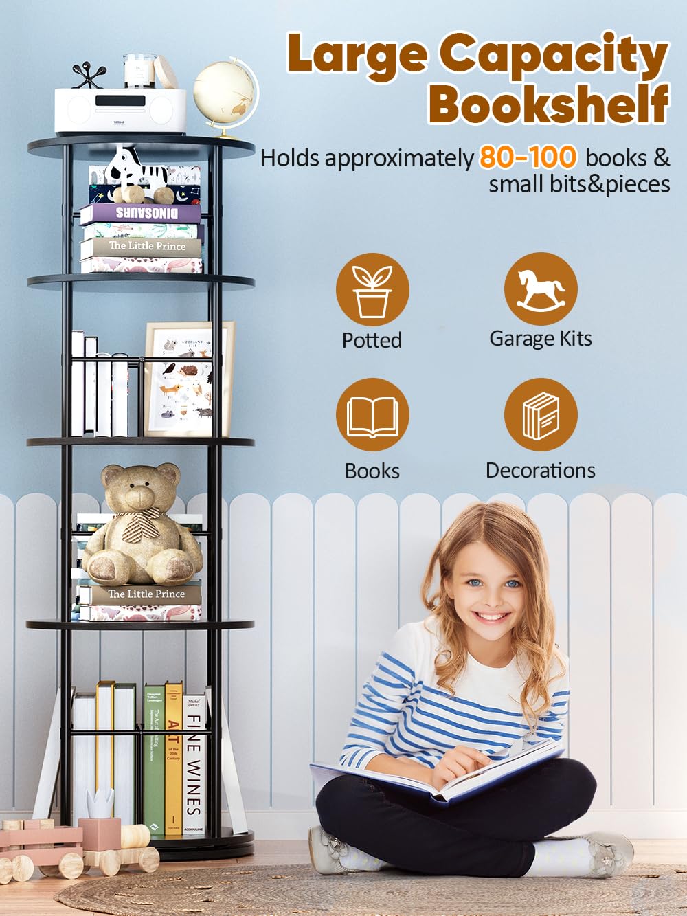 Rotating Bookshelf Tower, 4 Tier Corner Bookshelf for Small Space, 360 Display Spinning Bookcase, Floor Standing Book Shelves Storage Rack Narrow Round Book Shelf Organizer for Bedroom, Living Room Turosur