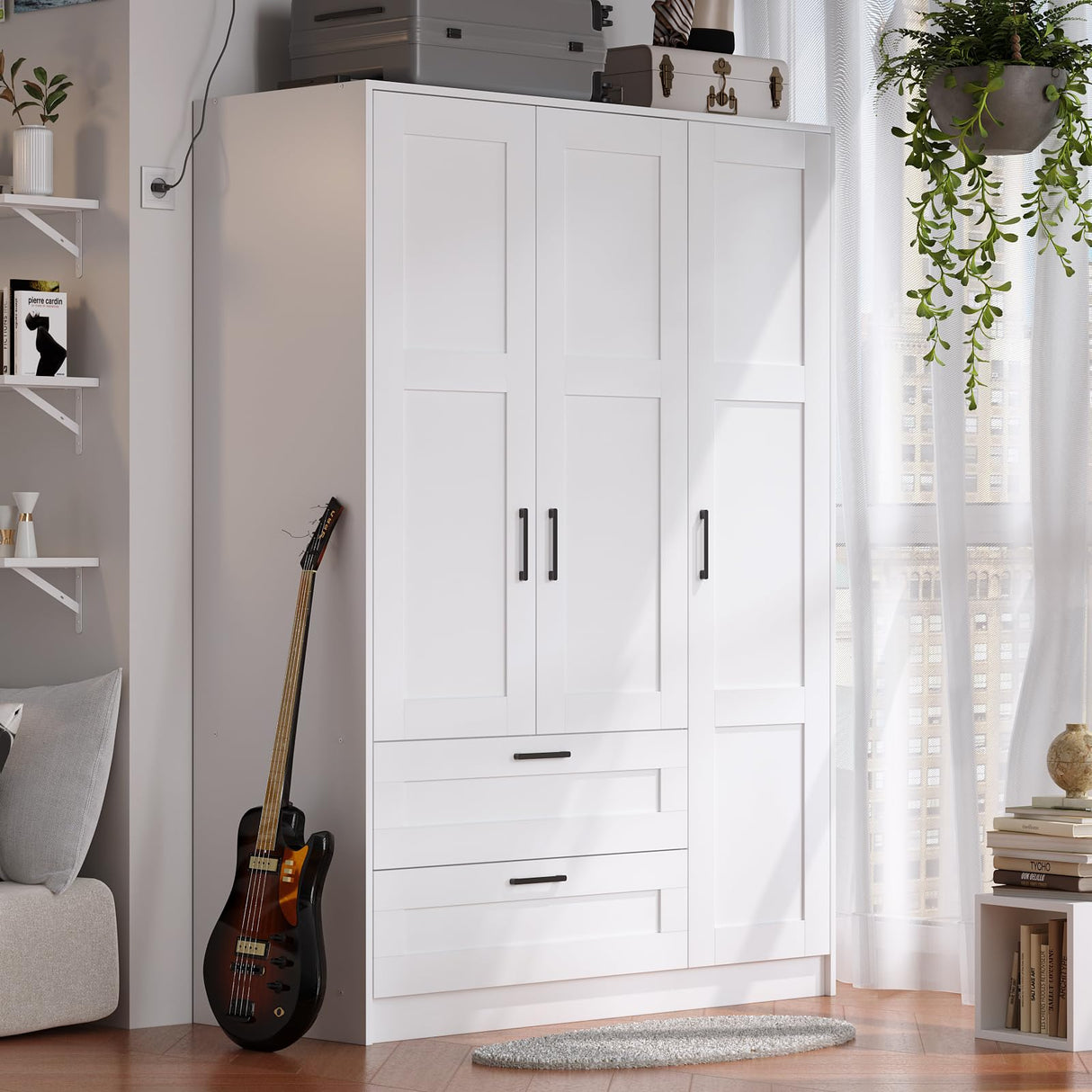 3 Doors Wooden Wardrobe Closet Armoire, White Storage Cabinet for Hanging Clothes, Bedroom Large Capacity Freestanding Armoire,Wood Wardrobe Combination with Shelves (2drawer, White) Fenghua Lizhi
