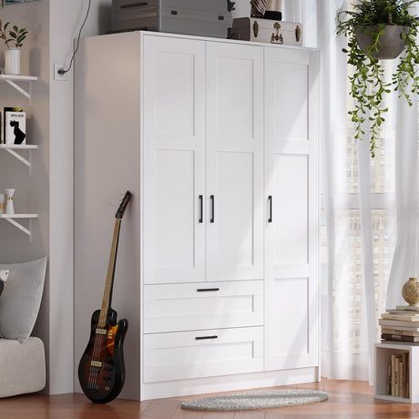 3 Doors Wooden Wardrobe Closet Armoire, White Storage Cabinet for Hanging Clothes, Bedroom Large Capacity Freestanding Armoire,Wood Wardrobe Combination with Shelves (2drawer, White) Fenghua Lizhi