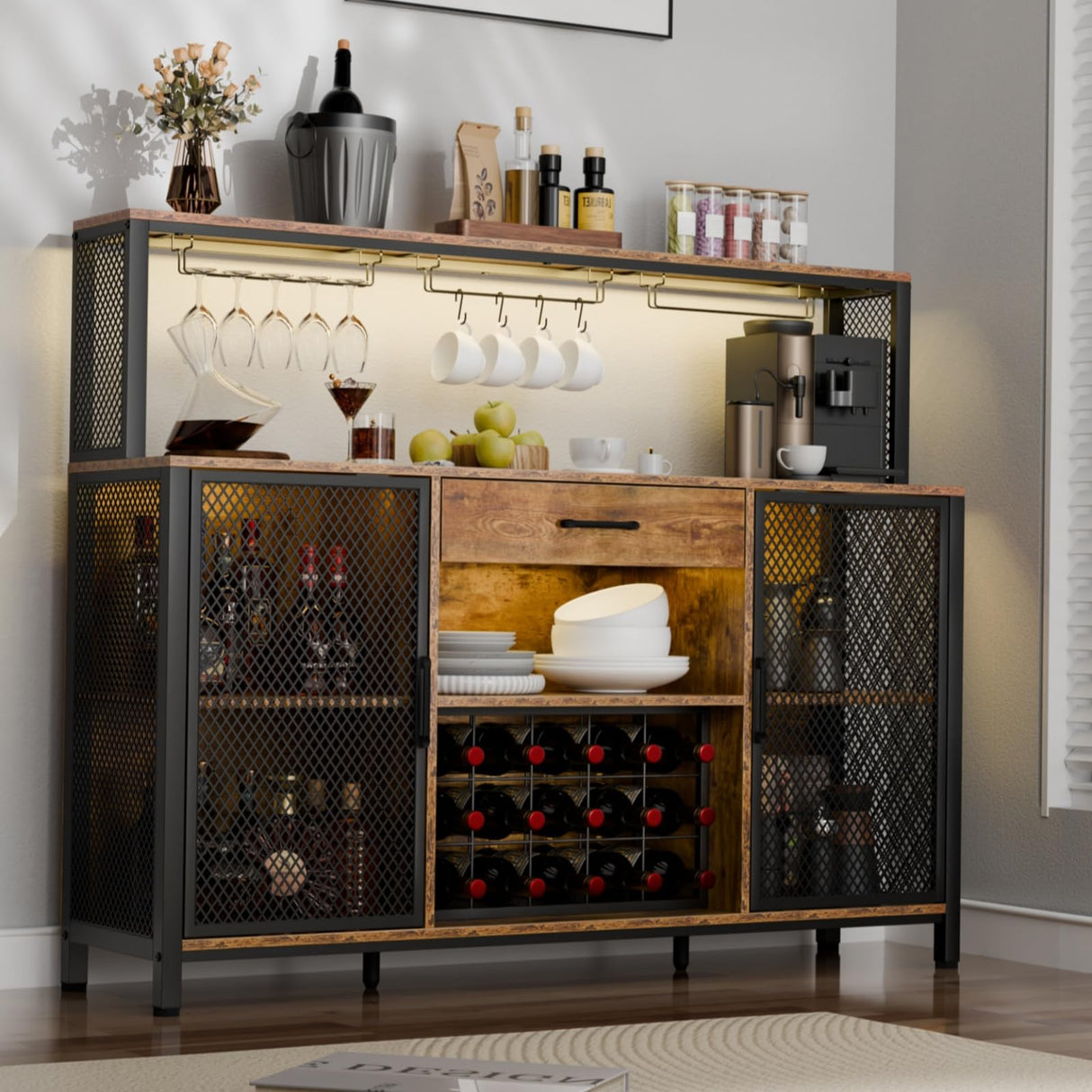 Large Bar Cabinet with Drawer Storage, Rustic Long Wine Cabinet with LED Lights, Farmhouse Wood Metal Liquor Cabinet with Wine Rack and Glass Goblet Holder, Sideboard Buffet for Kitchen,Dining Room Loomie