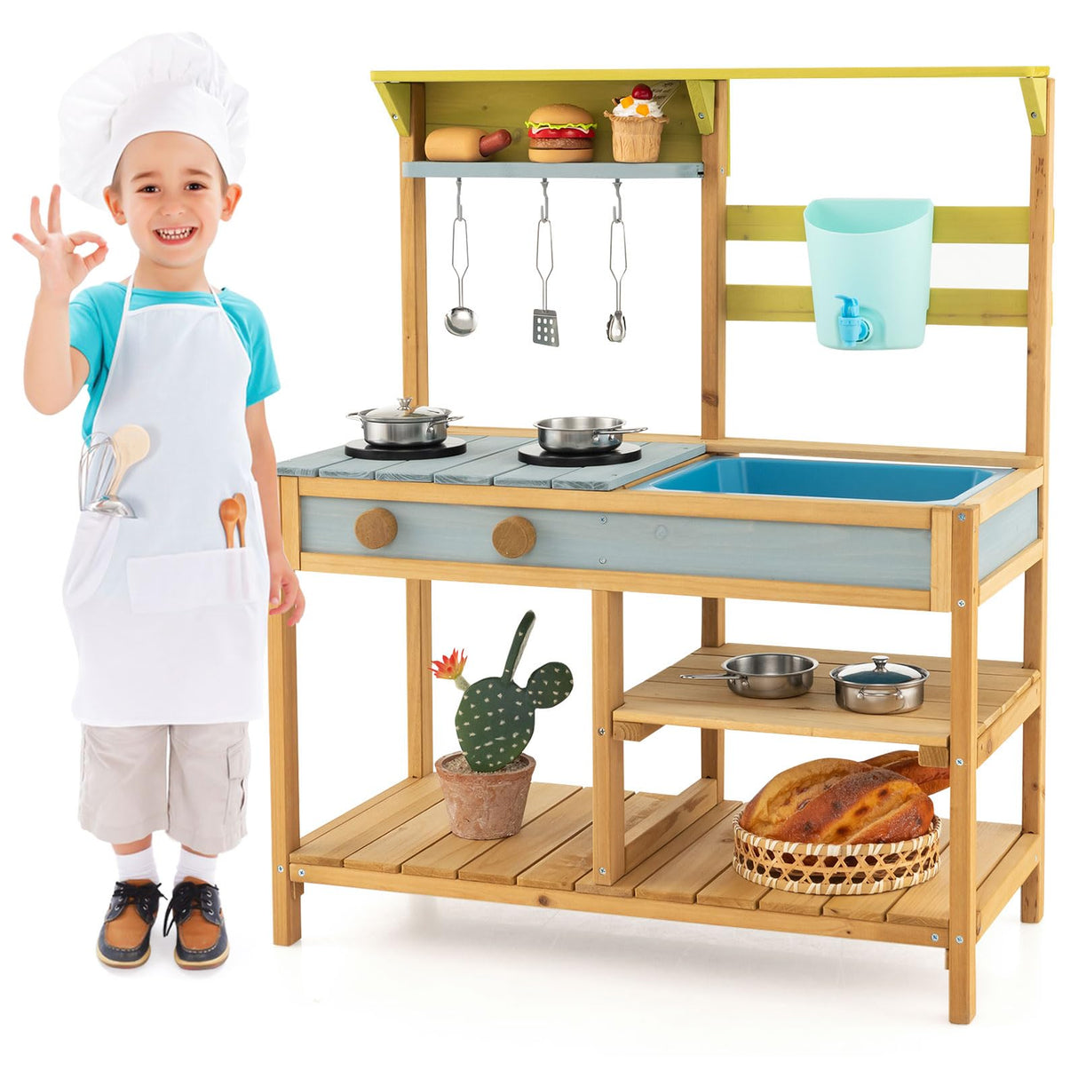 HONEY JOY Mud Kitchen for Kids Outdoor, Fir Wood Pretend Play Toy Kitchen with Removable Sink, Real Water Tank & Faucet, Stove, Toddler Kitchen Playset, Gift for Boys Girls, Natural HONEY JOY