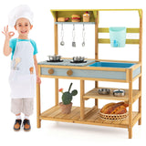 HONEY JOY Mud Kitchen for Kids Outdoor, Fir Wood Pretend Play Toy Kitchen with Removable Sink, Real Water Tank & Faucet, Stove, Toddler Kitchen Playset, Gift for Boys Girls, Natural HONEY JOY