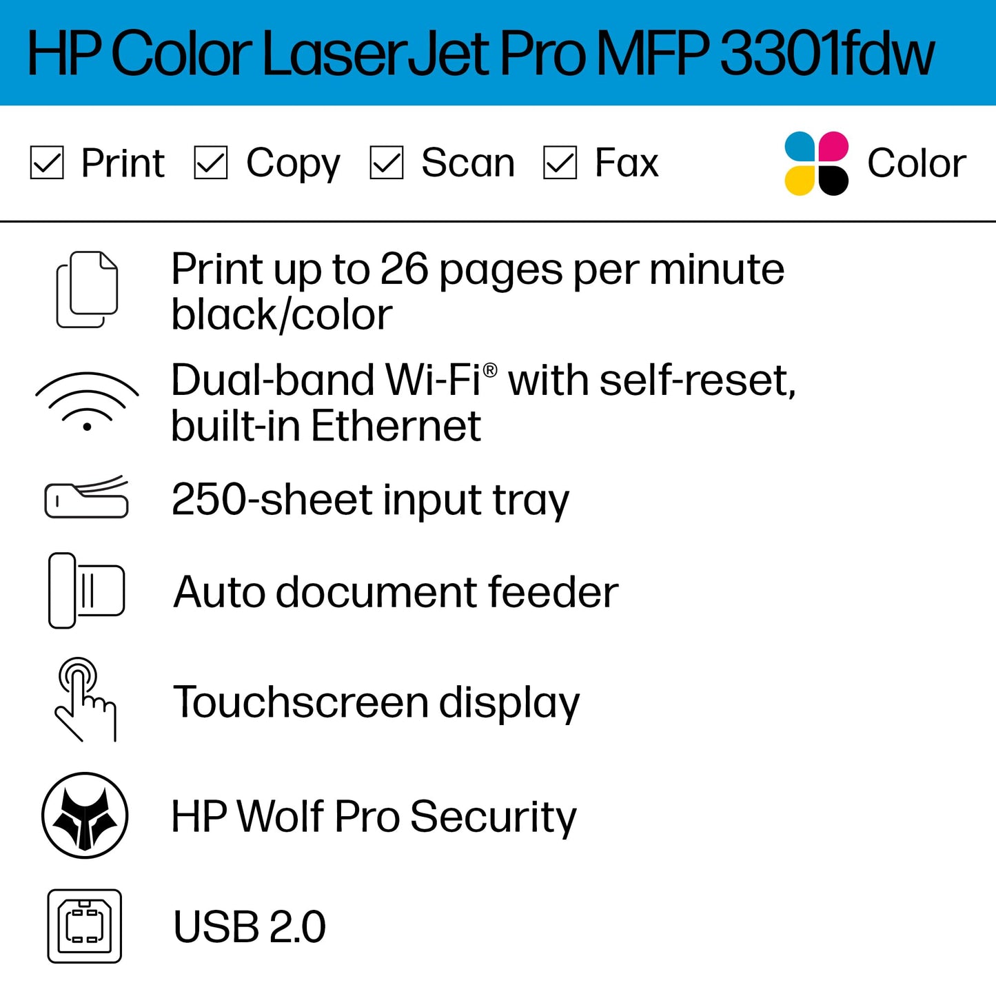 HP Color Laserjet Pro MFP 3301fdw Wireless All-in-One Color Laser Printer, Office Printer, Scanner, Copier, Fax, ADF, Duplex, Best-for-Office (499Q5F)