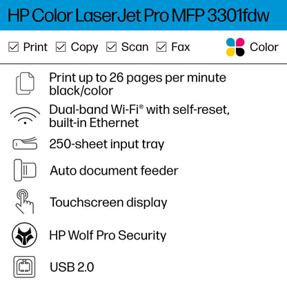 HP Color Laserjet Pro MFP 3301fdw Wireless All-in-One Color Laser Printer, Office Printer, Scanner, Copier, Fax, ADF, Duplex, Best-for-Office (499Q5F)