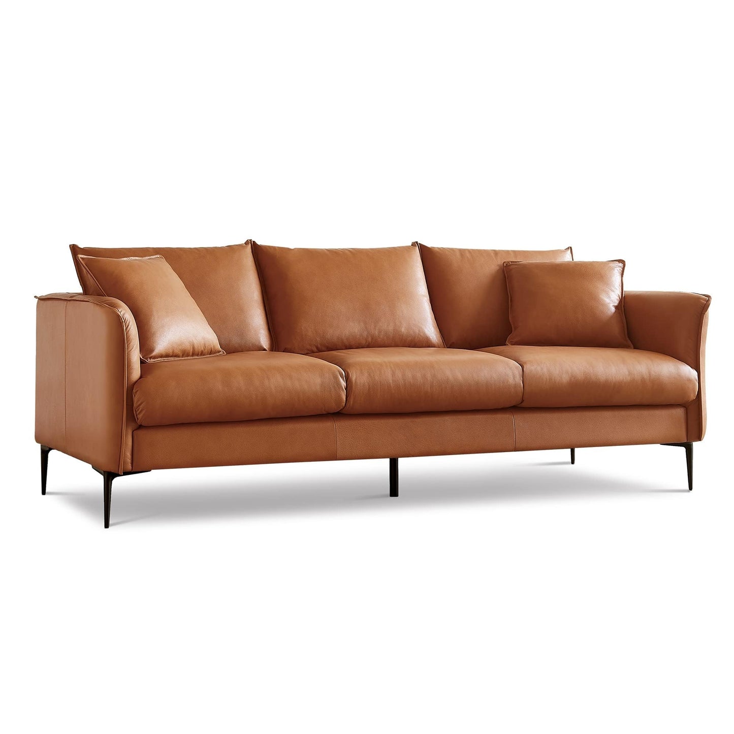 Valencia Jasper 85" Cognac Tan Brown 3 Seater Full Leather Couch | Mid Century Leather Sofa with 2 Pillows for Living Room Furniture | Plush Cushions, Nappa Leather Lounge Couch