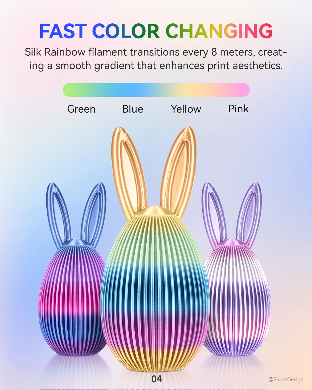 JAYO Silk Rainbow PLA+ Filament 1.75mm, Shiny Multicolor 3D Printer Filament, Fast Color Changes Every 8 Meters in Pink-Yellow-Blue-Green, 1.1kg/2.4lbs JAYO