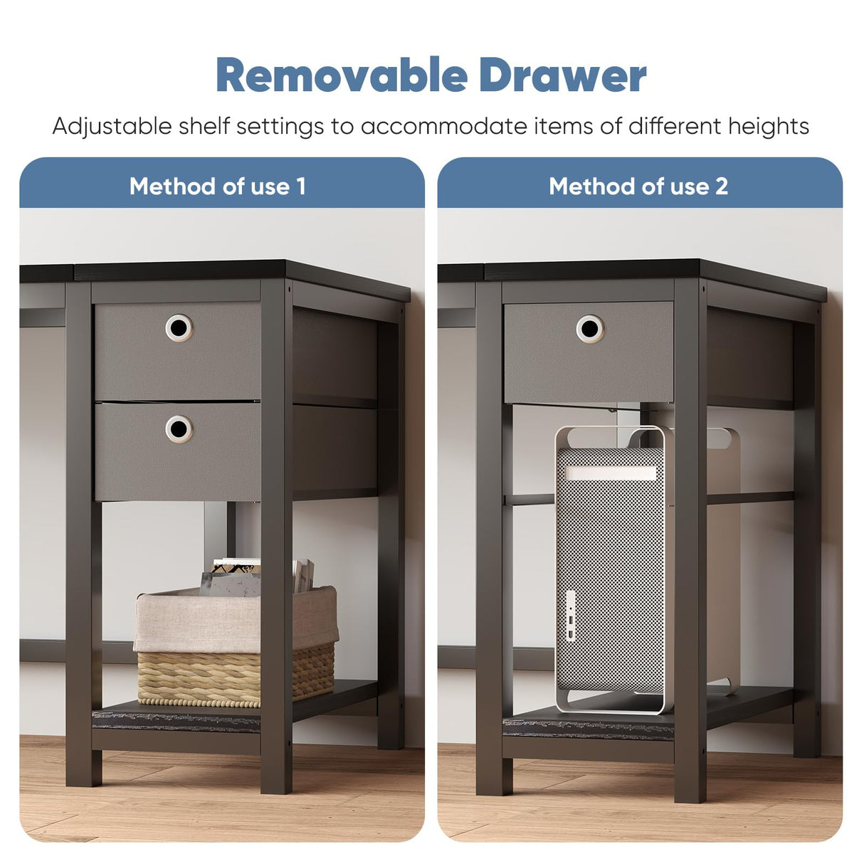 DUMOS Computer Desk with 2 Drawers, 48x24 Inch Office Desks with Shelf, Gaming Work Study Vanity Table with Storage 2-Tier Drawer for Living Room Bedroom Small Spaces,Dark DUMOS