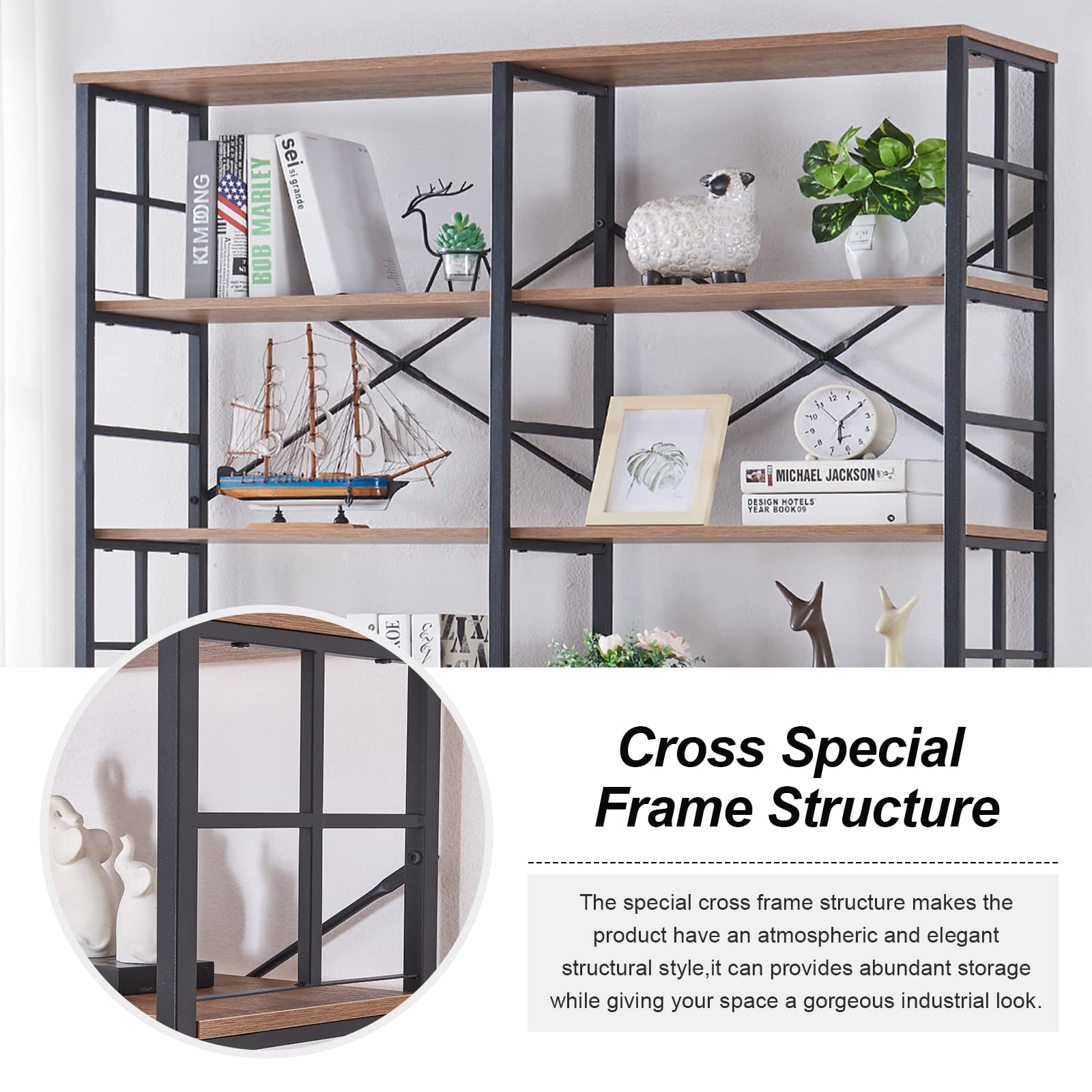 HOMISSUE 84" Industrial Double Wide 7-Tier Bookshelf in Rustic Brown - WoodArtSupply