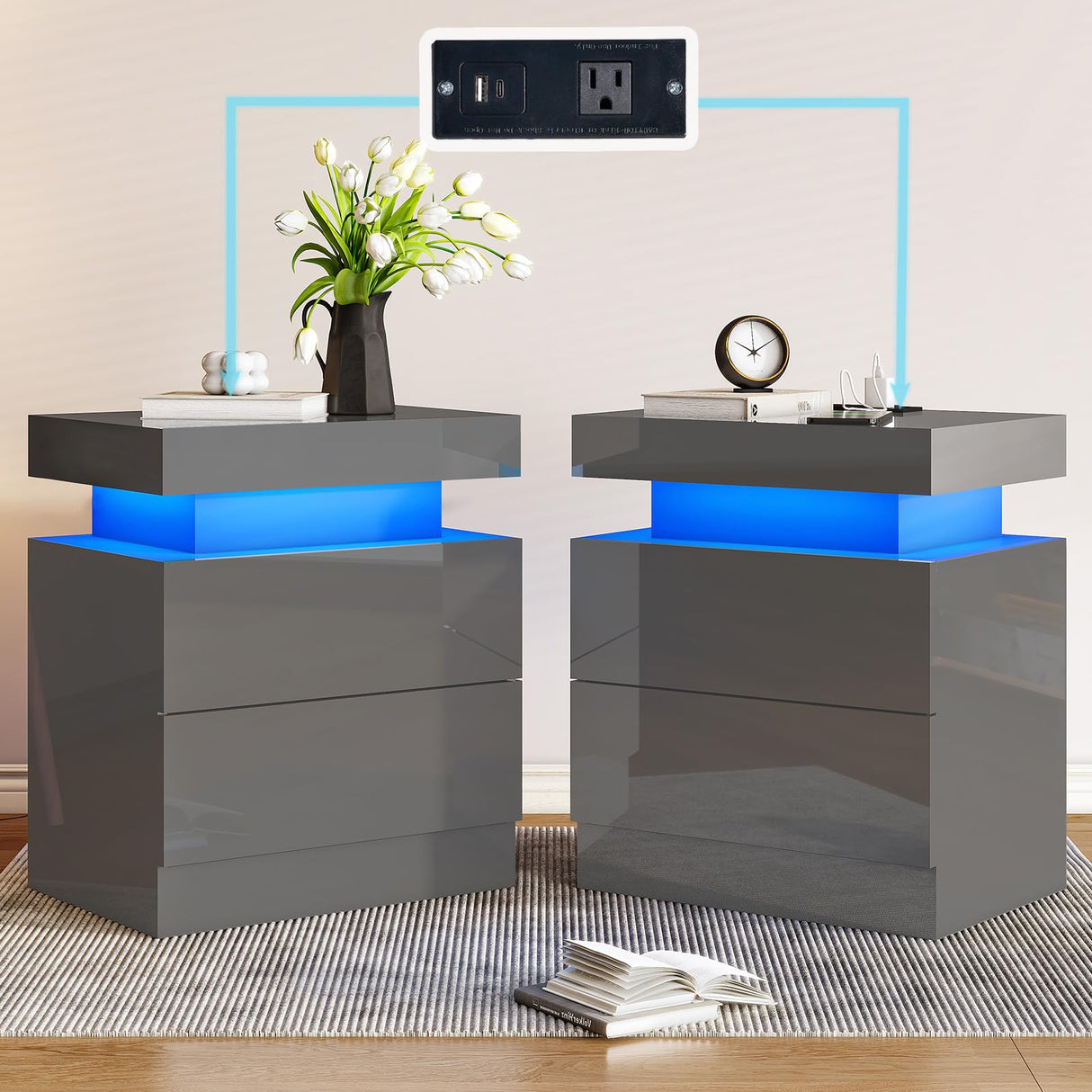 AMERLIFE High Gloss LED Nightstand Set of 2 with Charging Station, Modern Bedside Table Night Stand with LED Lights, Sofa End Side Tables with Drawers for Bedroom Living Room, Gray AMERLIFE