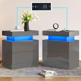 AMERLIFE High Gloss LED Nightstand Set of 2 with Charging Station, Modern Bedside Table Night Stand with LED Lights, Sofa End Side Tables with Drawers for Bedroom Living Room, Gray AMERLIFE