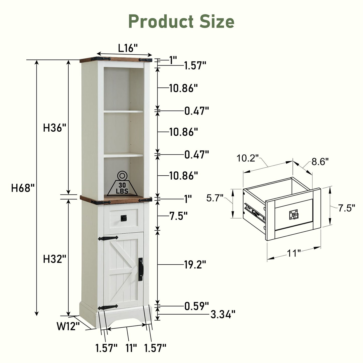 OKD Bathroom Storage Cabinet, Farmhouse Storage Cabinet with Adjustable Shelves & Storage Drawer, Tall Linen Tower for Bathroom, Living Room, Rustic Oak with Antique White