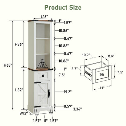 OKD Bathroom Storage Cabinet, Farmhouse Storage Cabinet with Adjustable Shelves & Storage Drawer, Tall Linen Tower for Bathroom, Living Room, Rustic Oak with Antique White