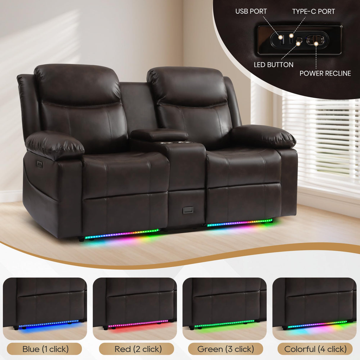 LURVIA 70" Power Recliner Loveseat for RV, Living Room Home Theater,Built-in LED Lighting with Multiple Modes,Wall Hugger, Oversized Leather Loveseat Couch for Camper, Trailer, Apartment,150° Recline LURVIA