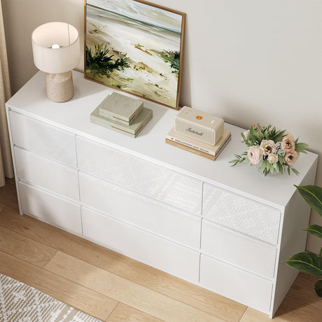 ZORPLIX White Dresser for Bedroom,60.4" W High Gloss Large 9 Drawers Dressers with Handle Free, Wide High Gloss Chest of Drawers Large, Long Modern Storage Drawer Dresser for Bedroom, Living Room ZORPLIX