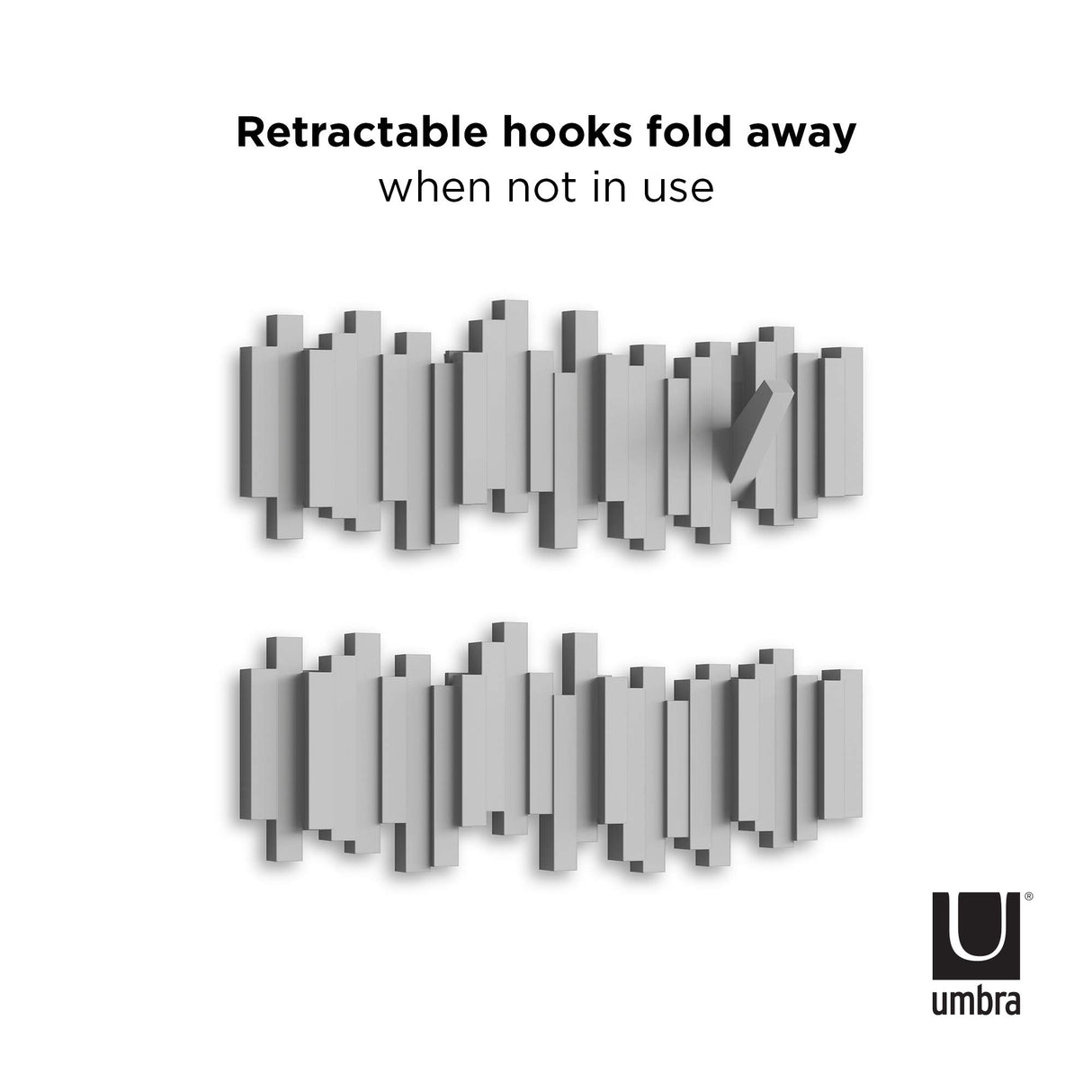 Umbra Sticks Wall-Mounted Coat Rack Rail Hook with 5 Retractable Pegs – Modern, Space-Saving Storage Organizer, Grey Umbra