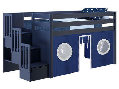 JACKPOT! Contemporary Low Loft Twin Bed with a 3 Drawer Stairway, Blue with Blue & White Tent