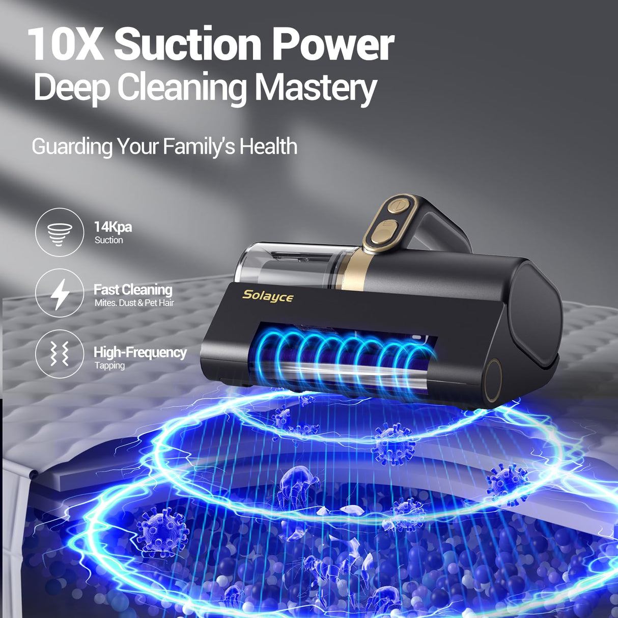 Solayce Bed Vacuum Cleaner, 16Kpa Suction 500W Powerful Double Cup Mattress Cleaner, Mattress Vacuum Cleaner with Dust Sensor, Ultrasonic & Heating Tech, HEPA Filter（Corded） Solayce