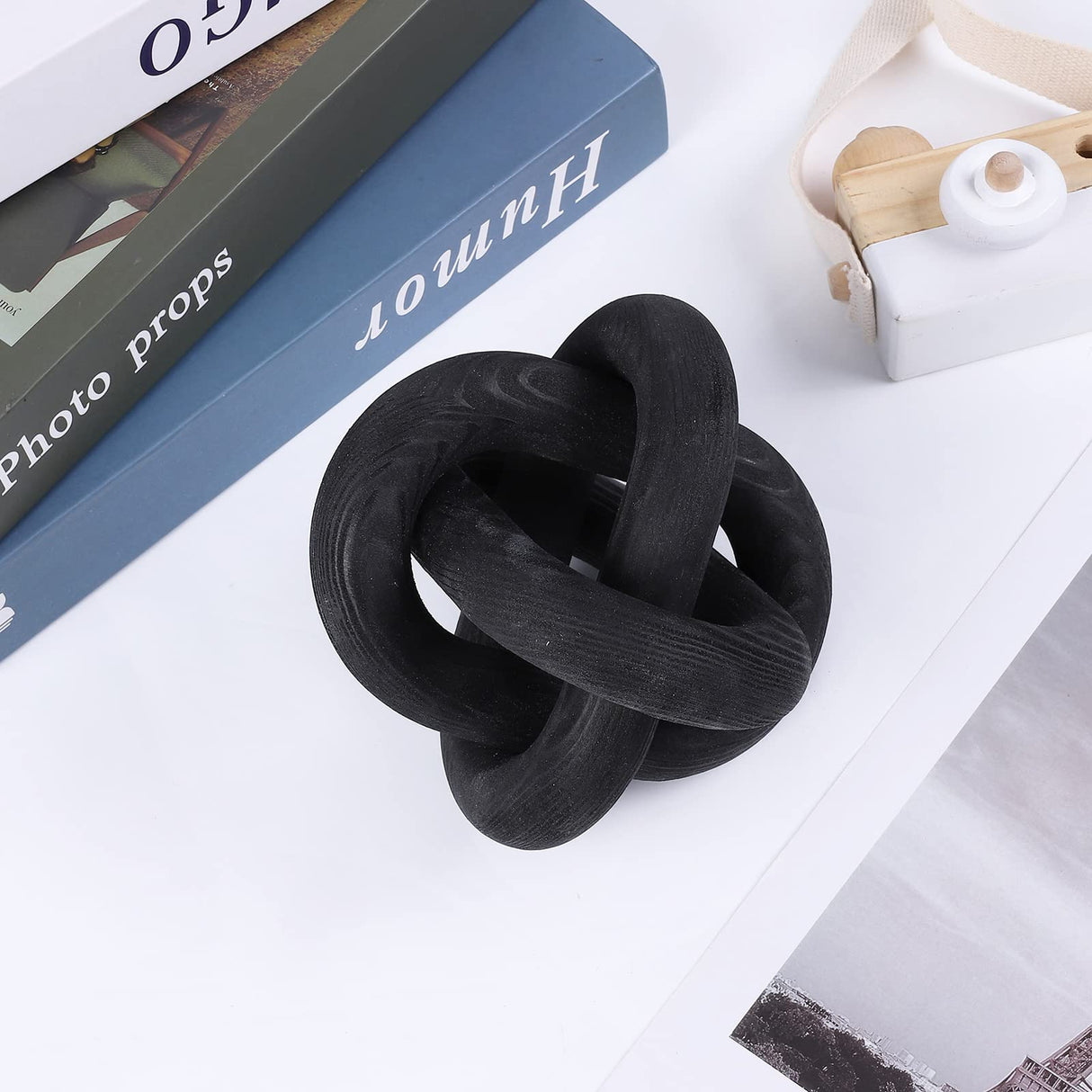 Jlong Wood Knot Decor, 3-Link Wood Chain Link Coffee Table Decor, Small Shelf Decor Accents, Hand Carved Modern Farmhouse Boho Wooden Knot Decorative Chain Wood Decor for Living Room Bedroom Office Jlong