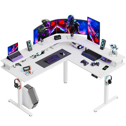 Bestier 63 Inch Large L Shaped Standing Desk Adjustable Height, Office Electric Stand Up Desk with Monitor Stand, Dual Motors Rising Gaming Desk with 2 Headphone Hooks(White 3D Carbon Fiber) - WoodArtSupply