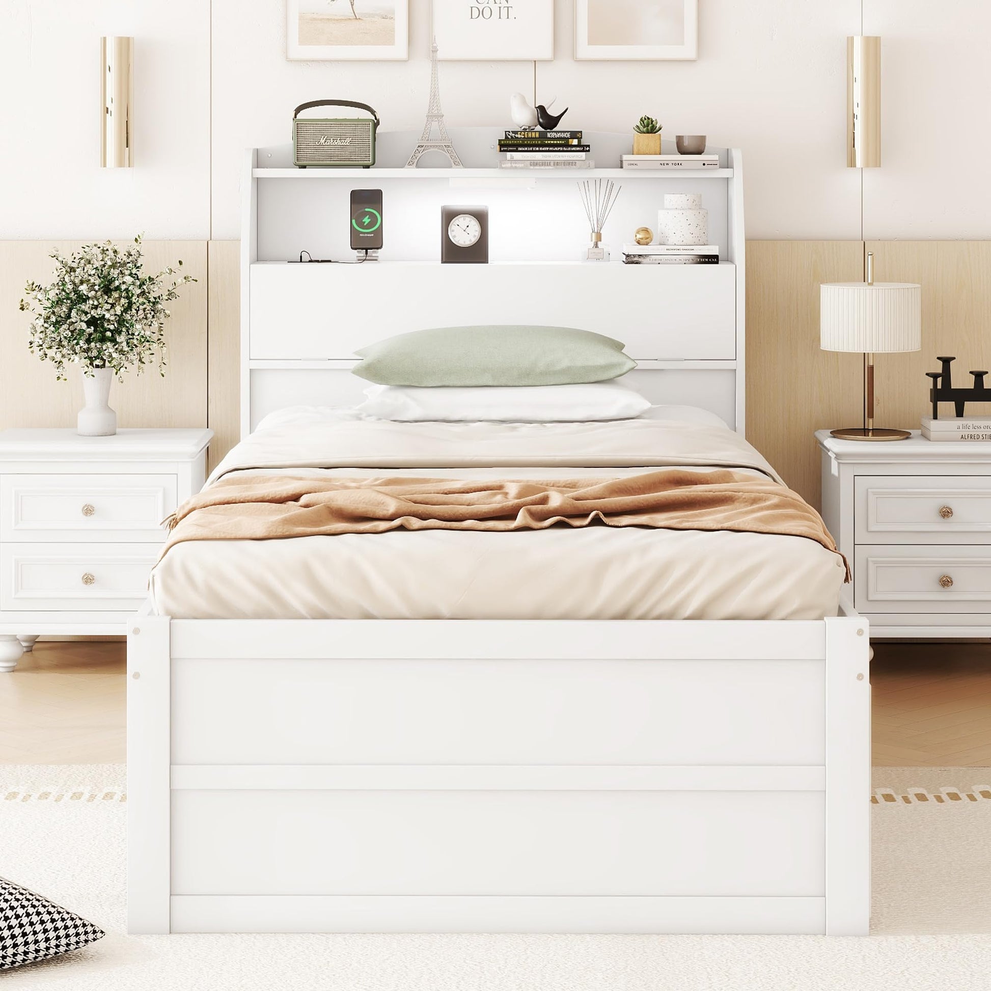 MERITLINE Twin Size LED Platform Bed with Trundle, Storage Drawers, and Bookcase Headboard in White - WoodArtSupply