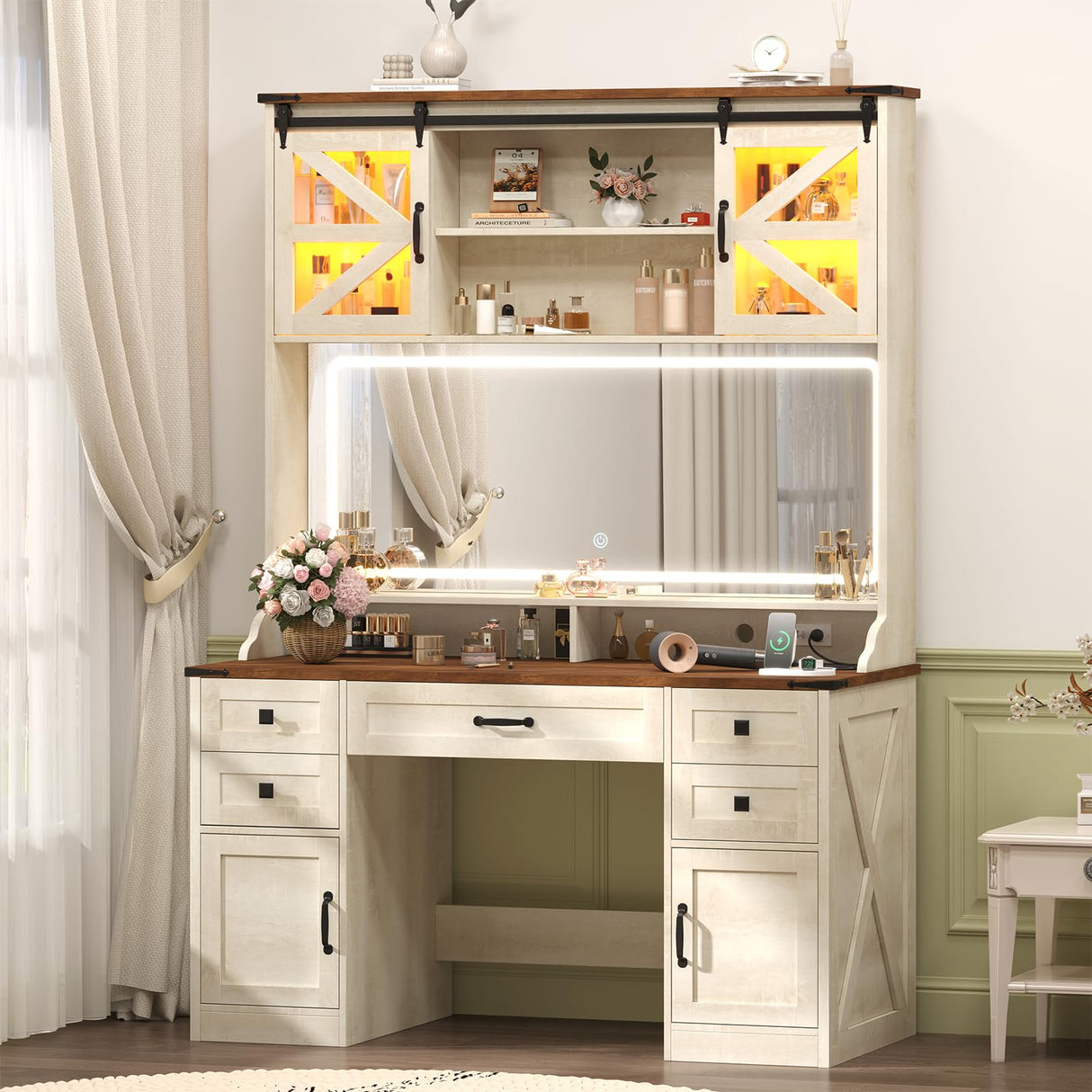 75.2" Farmhouse Makeup Vanity Desk with Large Lighted Mirror and Sliding RGB Cabinets, Large Vanity Table with Charging Station & 5 Drawers & Barn Doors, Tall Makeup Desk with Storage Shelves Aiguazi