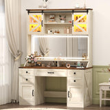 75.2" Farmhouse Makeup Vanity Desk with Large Lighted Mirror and Sliding RGB Cabinets, Large Vanity Table with Charging Station & 5 Drawers & Barn Doors, Tall Makeup Desk with Storage Shelves Aiguazi