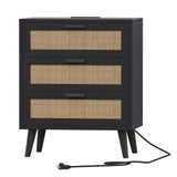 Irontar Rattan Nightstand with Charging Station, Night Stand with 3 Large Rattan Drawers, Accent End Table, Bedside Table with Solid Wooden Legs for Bedroom, Black and Natural BZZ006BME Irontar