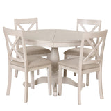 Voohek 5-Piece Kitchen Dining Set for 4, with Extendable Round Wood Table and Chair, Classic Family Furniture for Dinette, Compact Space, Antique White Voohek