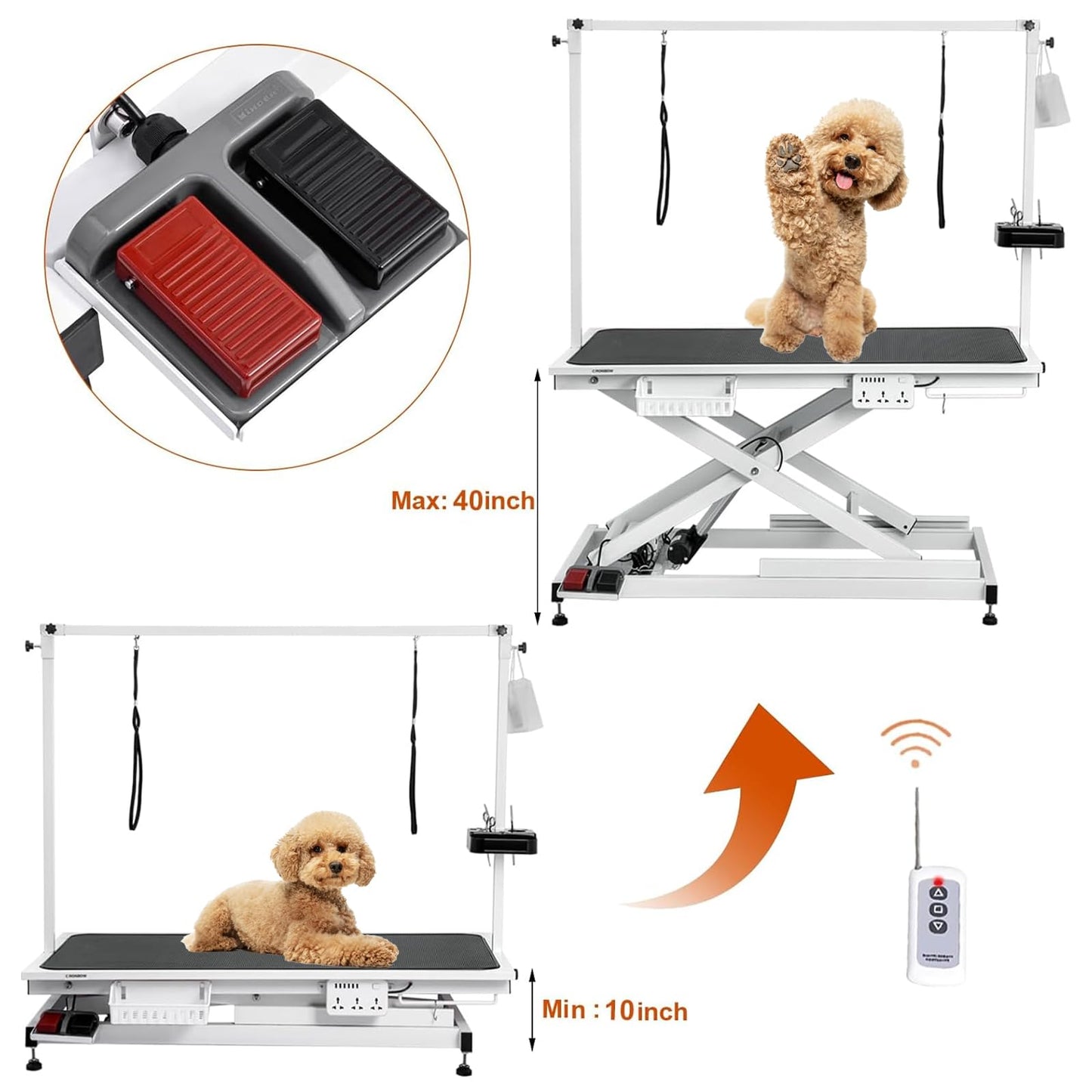 CIRONBOW 50'' Electric Dog Grooming Table, Adjustable X Lift Heavy Duty Dog Grooming Table for Large Dogs with Anti-Skid Tabletop & Grooming Scissors & Wireless Remote &Tool Organizer & Arms, White