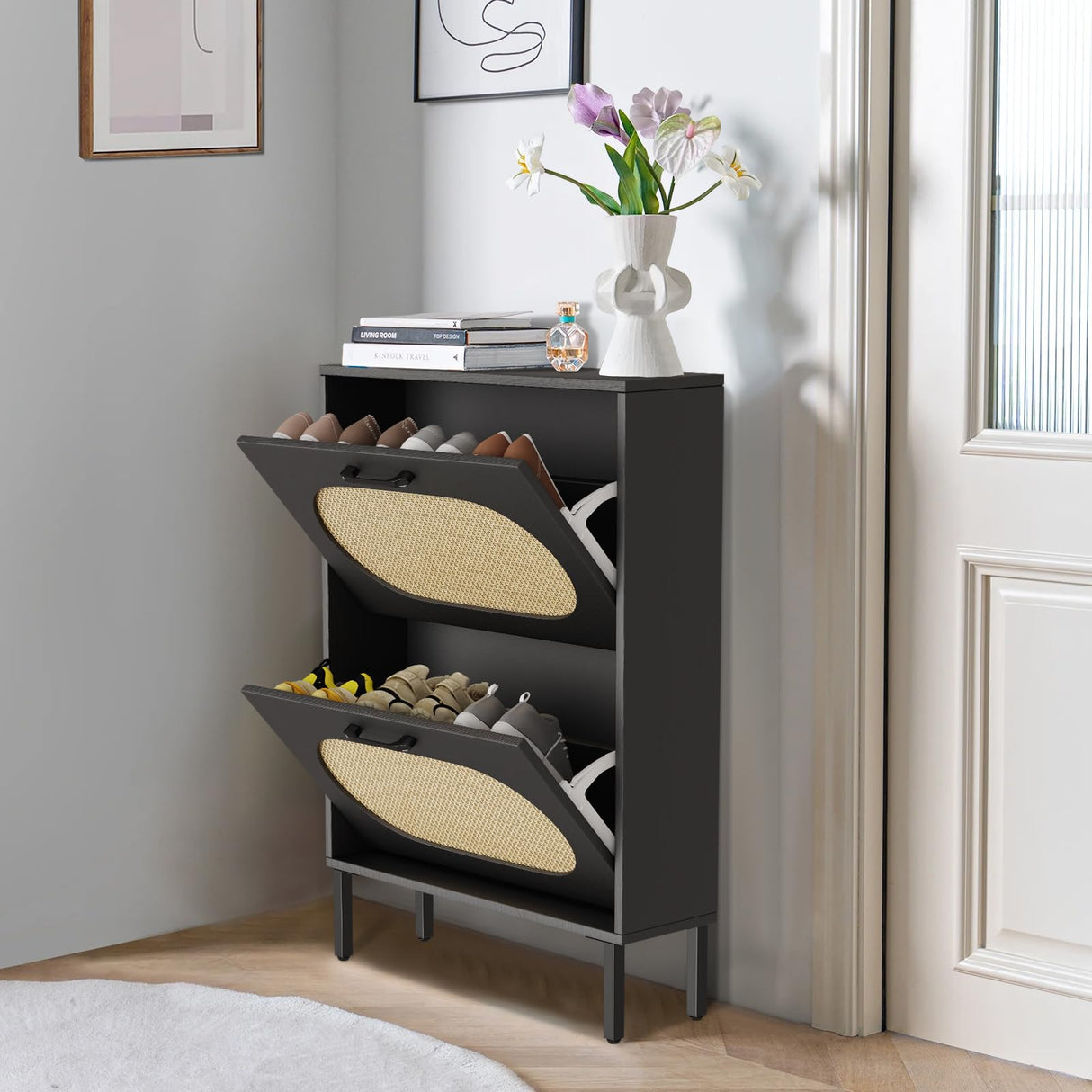 SUNCROWN Shoe Storage Cabinet with 2 Flip Drawers, Freestanding Narrow Shoe Rack Organizer for Entryway with Natural Semi-Circular Rattan Doors, Shoe Shelves,Black SUNCROWN