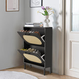SUNCROWN Shoe Storage Cabinet with 2 Flip Drawers, Freestanding Narrow Shoe Rack Organizer for Entryway with Natural Semi-Circular Rattan Doors, Shoe Shelves,Black SUNCROWN