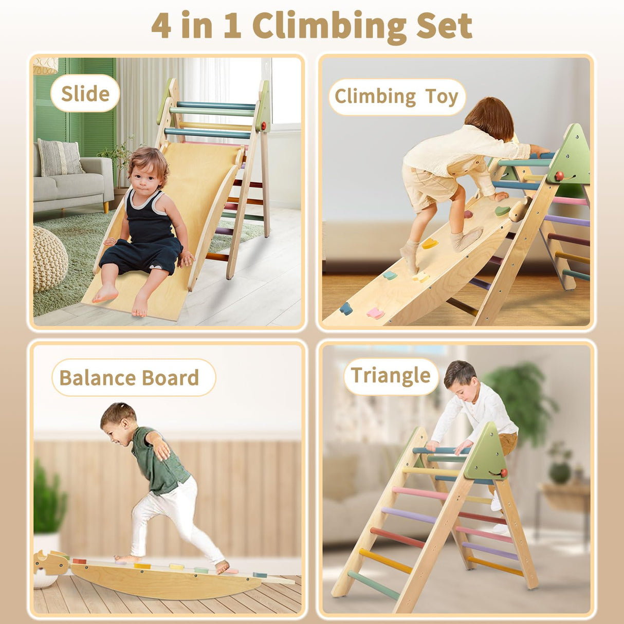 LOL-FUN 4 in 1 Pikler Triangle Set Climber with Ramp & Slide, Large Size Wooden Foldable Toddler Climbing Toys Indoor, Montessori Climbing Toys for Toddlers 1-3 Inside LOL-FUN