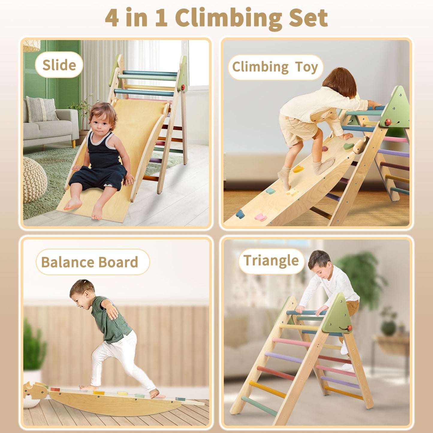 LOL-FUN 4 in 1 Pikler Triangle Set Climber with Ramp & Slide, Large Size Wooden Foldable Toddler Climbing Toys Indoor, Montessori Climbing Toys for Toddlers 1-3 Inside