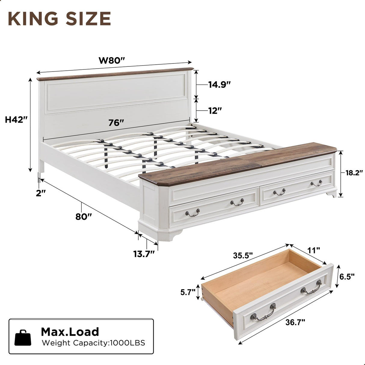 T4TREAM Farmhouse King Bed with Headboard and Storage Bench, Rustic Wood Platform Bed with 80" Storage Chest w/ 4 Large Storage Drawer (Antique White) T4TREAM