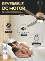 FookChak 60in Dimmable Black Ceiling Fan Light with Remote Control 3 Blade Hemp Rope Farmhouse Ceiling Fan with Light Walnut Wood LED Ceiling Fan Outdoor for Patio Kitchen Bedroom Living Room FookChak