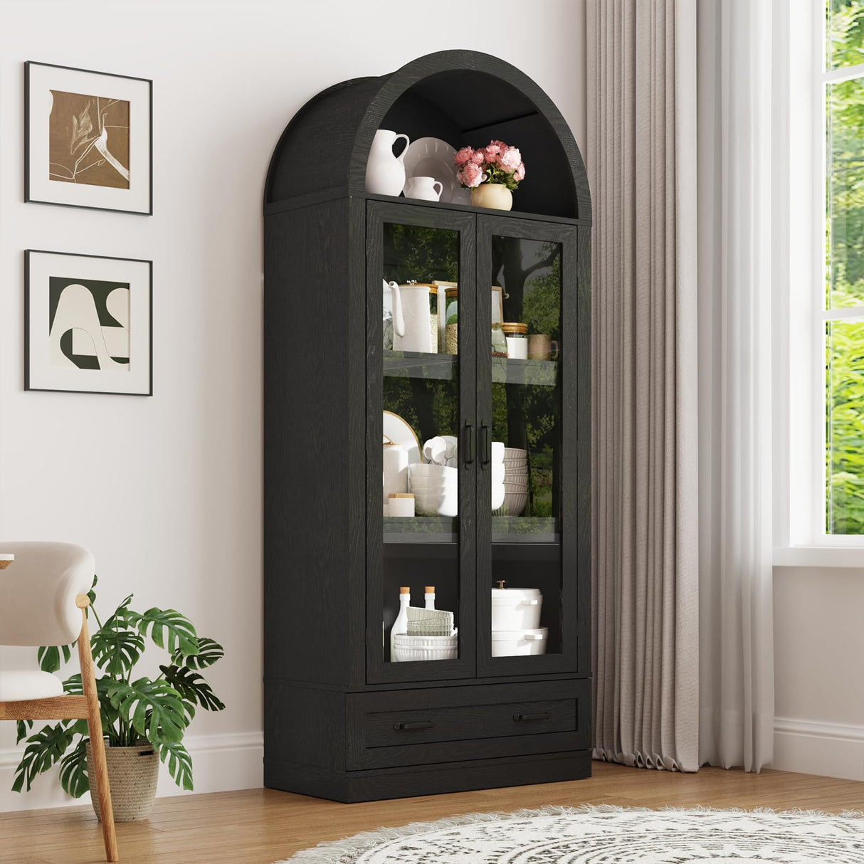 75" Tall Arched Kitchen Pantry Cabinet w Load-Bearing Steel Pipe,Modern Farmhouse Kitchens Storage Cabinet with Drawer and Glass Doors,Tall Arched Bookcase,Pantry Organizer(Woodgrain Black) chartustriable