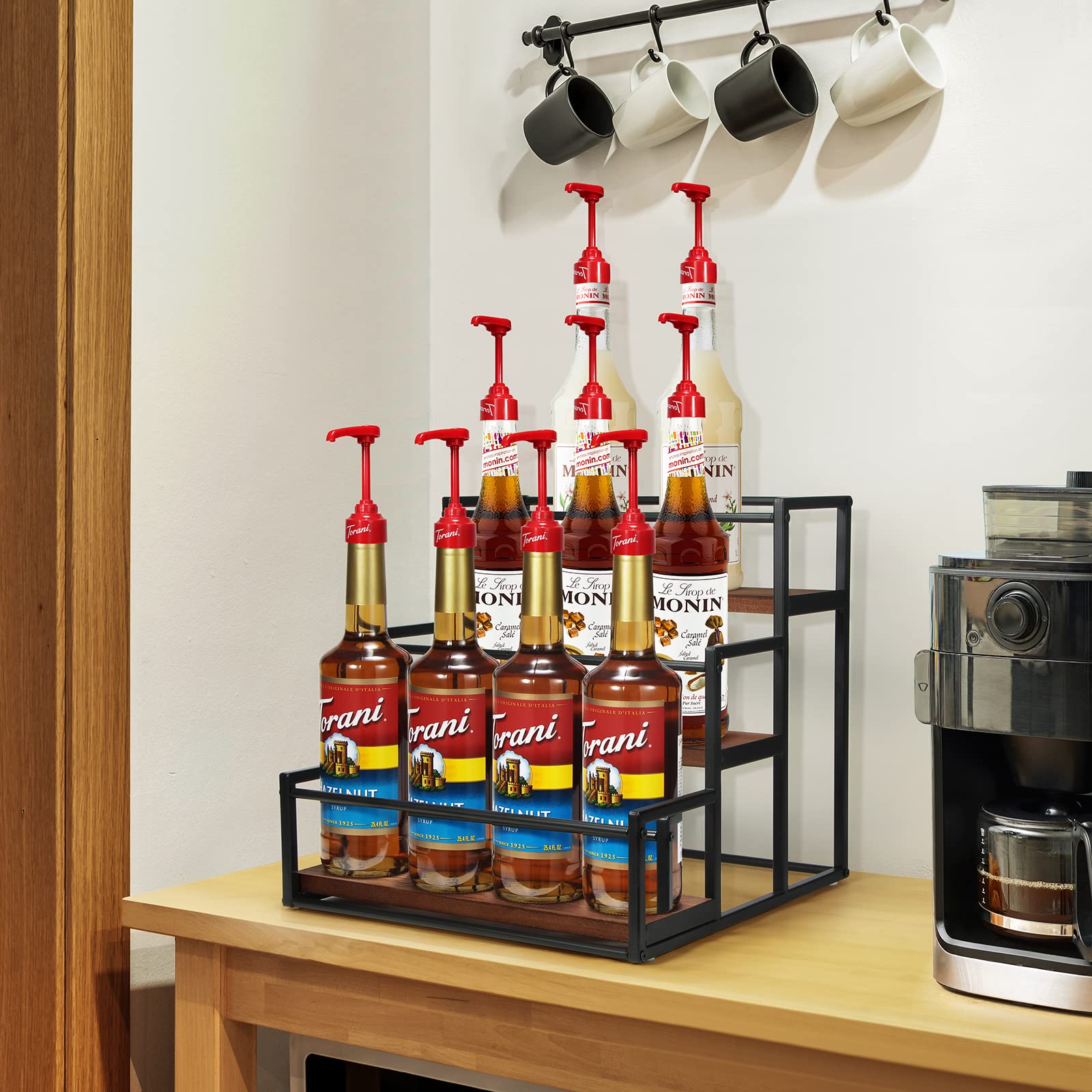 THYGIFTREE Coffee Syrup Rack Organizer Syrup Bottle Holder Stand for Coffee Bar 3-Tier 12 Bottles Storage Shelves for Syrup, Wine, Dressing for Kitchen Coffee Station - WoodArtSupply