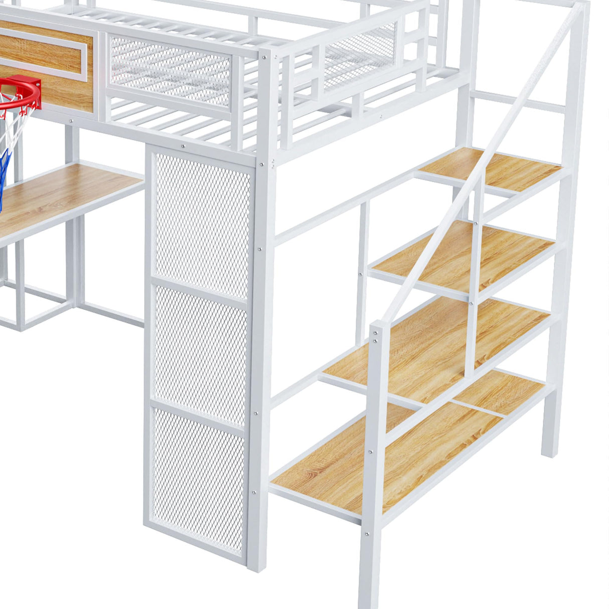 SOFTSEA Full Size Loft Bed with Slide and Storage Stairs, Metal Loft Bed with Built-in Desk, Open Wardrobe, Basketball Hoop, Space-Saving Loft Bed Frame with Guardrail for Kids Teens Boys, White SOFTSEA