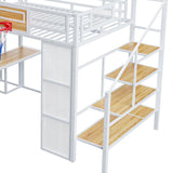 Full Size Loft Bed with Slide and Staircase, Metal Loft Bed Frame with Desk and Basketball Hoop, Loft Full Bed for Boys Teens, White RuiSiSi