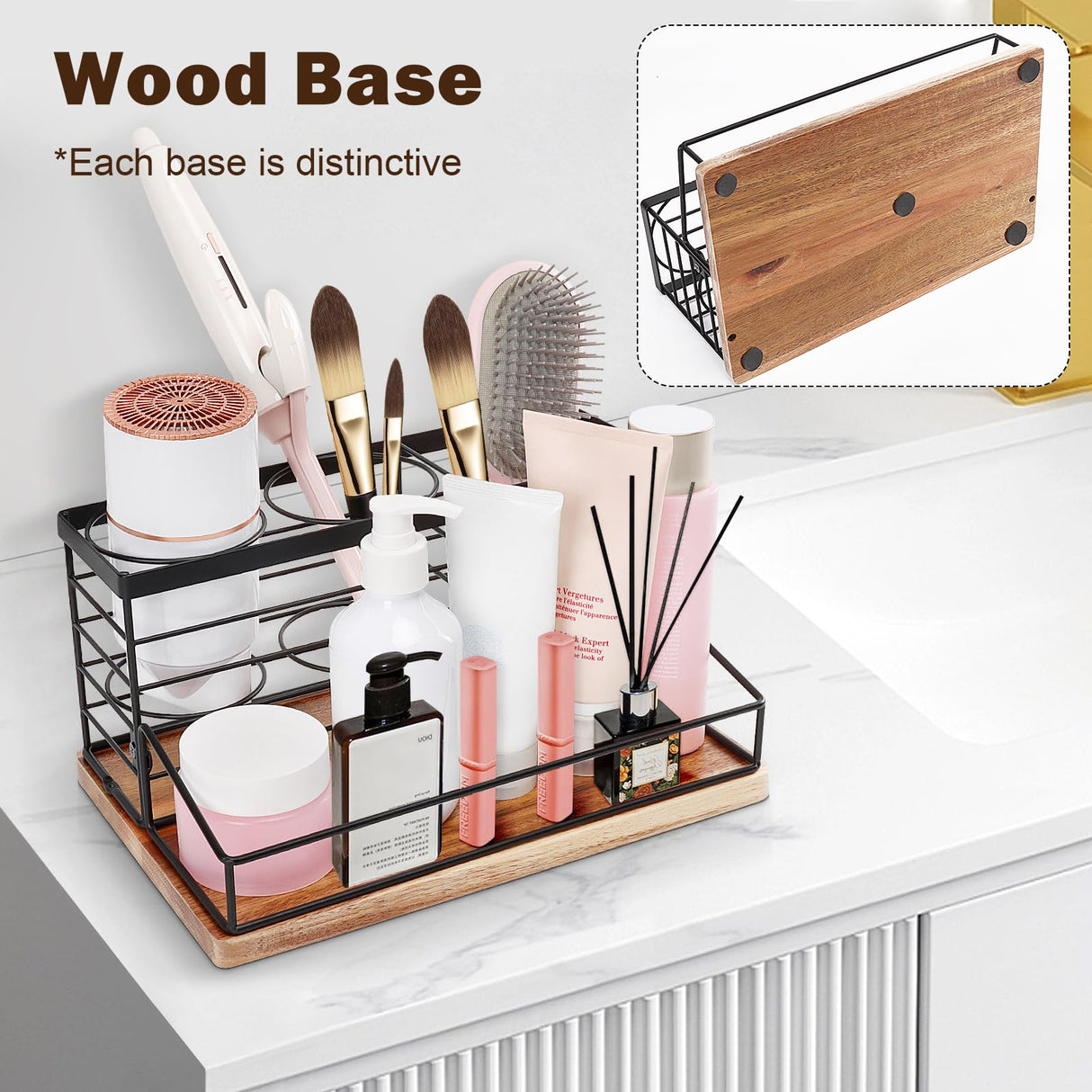 Siyzda Hair Tool Organizer, Movable Hair Dryer Holder, Hair Styling Tools Storage for Vanity, Bath Counter Organizer, Bathroom Trays for Hair Toiletry, Makeup (12" x 7.7" x 5.8", Wood-Black) Siyzda