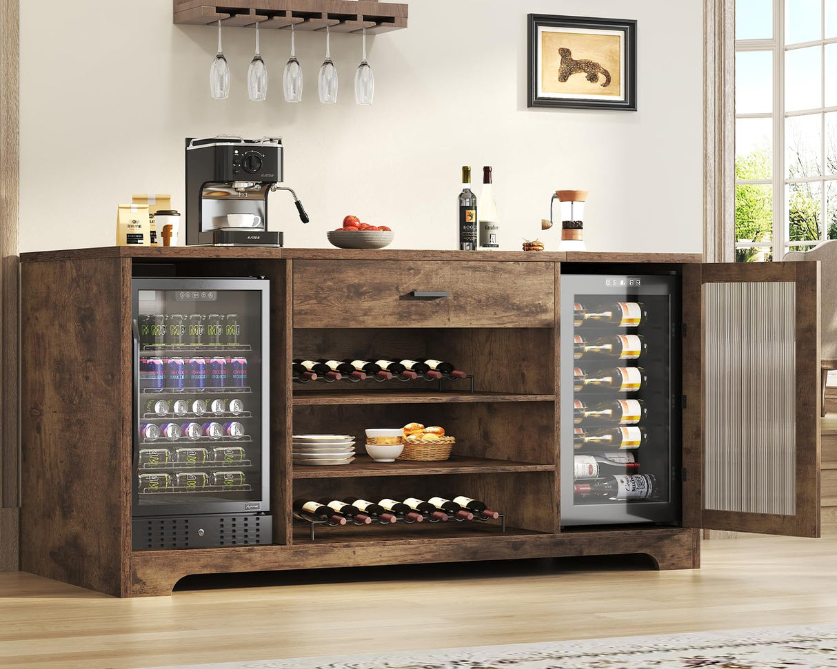 HSH Bar Cabinet with Mini Fridge Space, 70.9” Large Wood Wine Cabinet with Cooler Space, Farmhouse Long Liquor Cabinet with Drawer Storage, Metal Sideboard Buffet for Kitchen Dining Room, Rustic Brown HSH