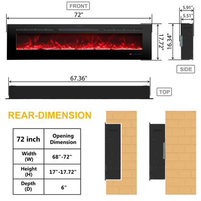 Rodalflame 72 Inches Electric Fireplace Inserts, Recessed and Wall Mounted Fireplace Heater for Indoor Use with Remote Control, 13 Color Flames with Log &Crystal, 9H Timer, 750/1500W