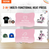 VEVOR 2 in 1 Heat Press Machine with Hat Heat Press, 12x10 T Shirt Press Machine, Professional 360° Swing Away Sublimation Heat Press for T Shirt Hat Cap Pillow Bag Pad (Pink & White) VEVOR