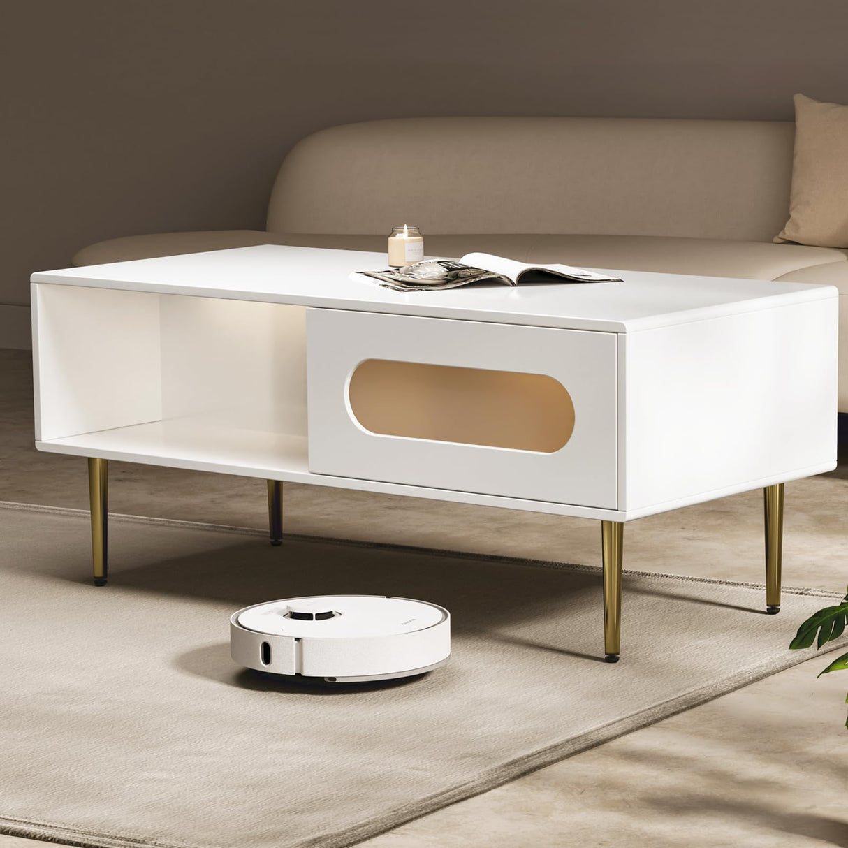 VEELOK Modern Coffee Table for Living Room - LED Living Room Table with 4 Storage Compartments, Semi See-Through Sliding Doors - Glossy Finish, Metal Legs, Rounded Edges - Contemporary Home Furniture VEELOK