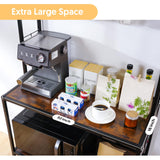 Home Limpidity Bakers Rack for Kitchen, 33-inch Wide Coffee Bar Station with Power Outlet, 5 Tier Microwave Stand Storage Shelf with S-Shaped Hooks, Metal Frame with Brown Wood Tabletop Home Limpidity