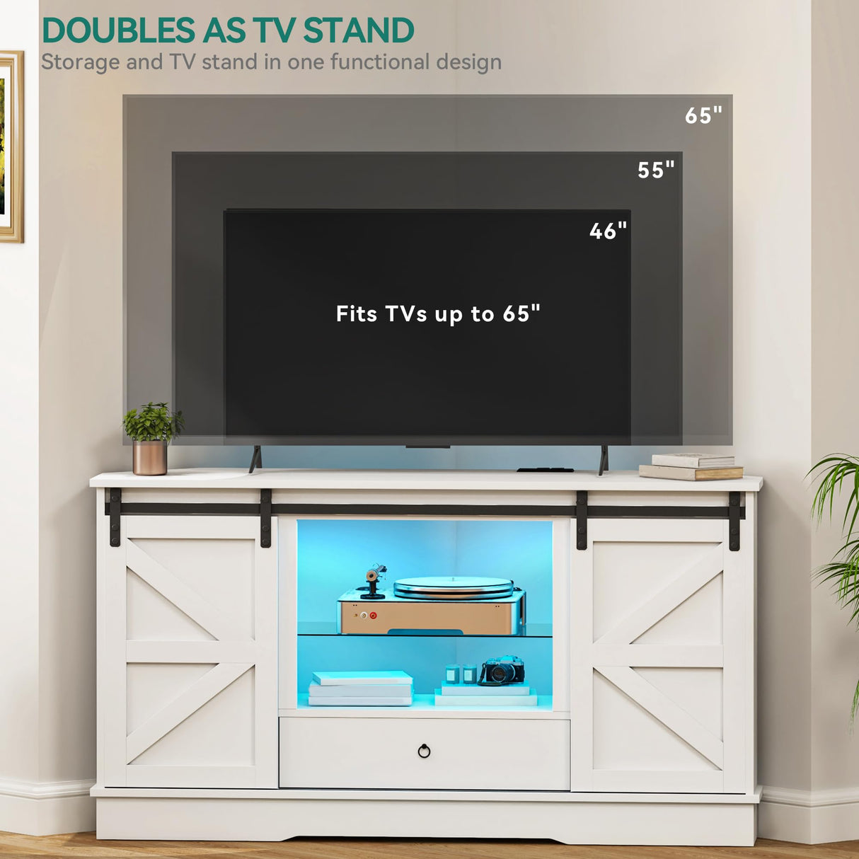 YITAHOME Corner TV Stand for 55/65 Inch TV, Corner Entertainment Center, Media Console Living Room Furniture, TV Cabinet with Sliding Barn Door, Power Outlet and LED Light Strip, White YITAHOME